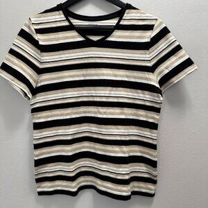 Croft & Barrow Striped V-Neck Tee – Size L – Black, Beige & White